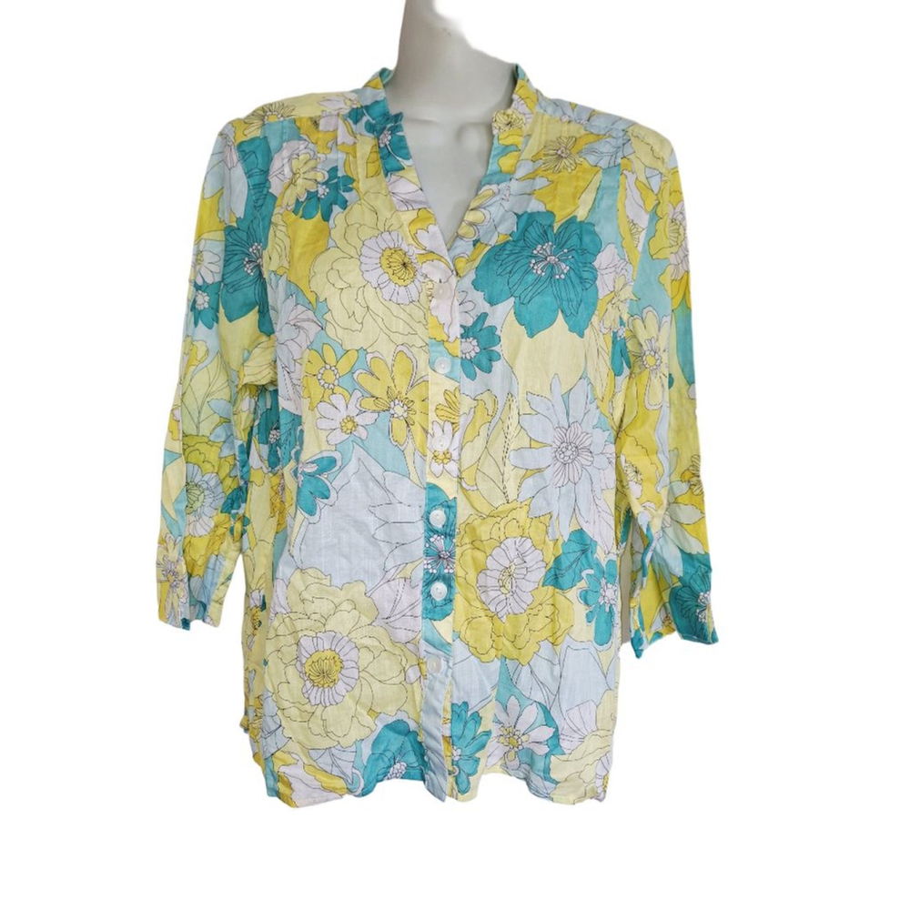 Alfred Dunner Petite Floral Button Down Shirt 12P Yellow Teal vintage